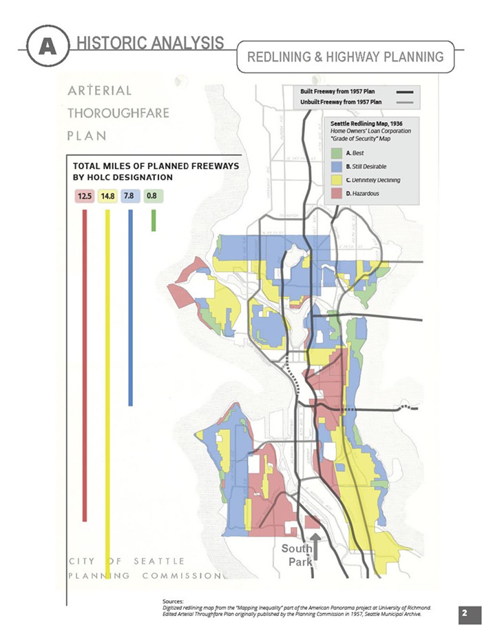 Image of highway construction in relation to redlined areas in Seattle, WA. 