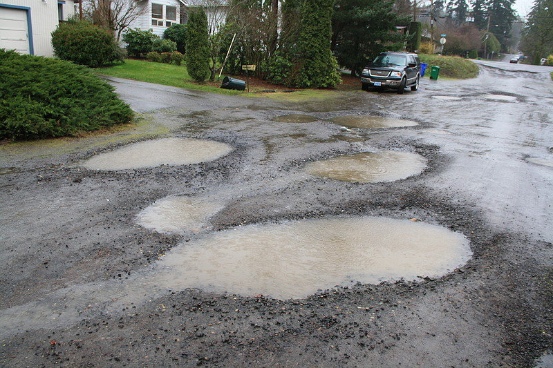 Potholes in roadway in Portland, Oregon